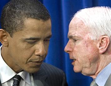 McCain repeating a question to Obama's good ear because he couldn't hear it the first time.
